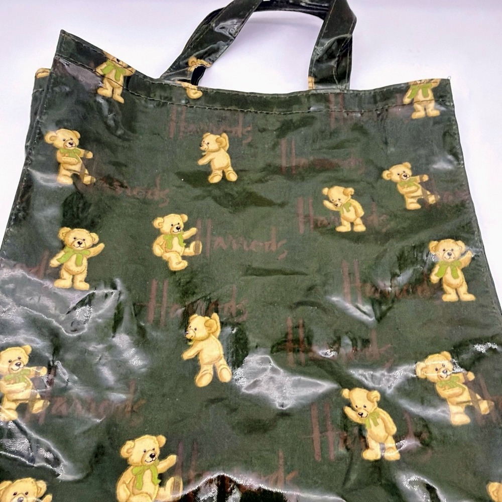 Vintage Harrods Tote Bag Dark Green Teddy Bear Print PVC